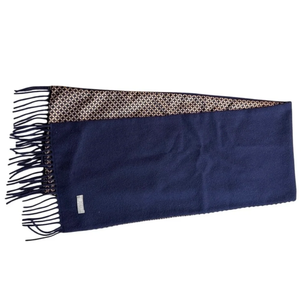 Navy Blue Silk Wool Reversible Scarf Geometric Pattern Gold Made in Italy Fringe